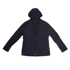 Corneliani CC Collection navy blue jacket in Size 50 IT, featuring a tailored blazer silhouette with a built-in zip-up hooded vest, laid flat on a light background to show full front view.