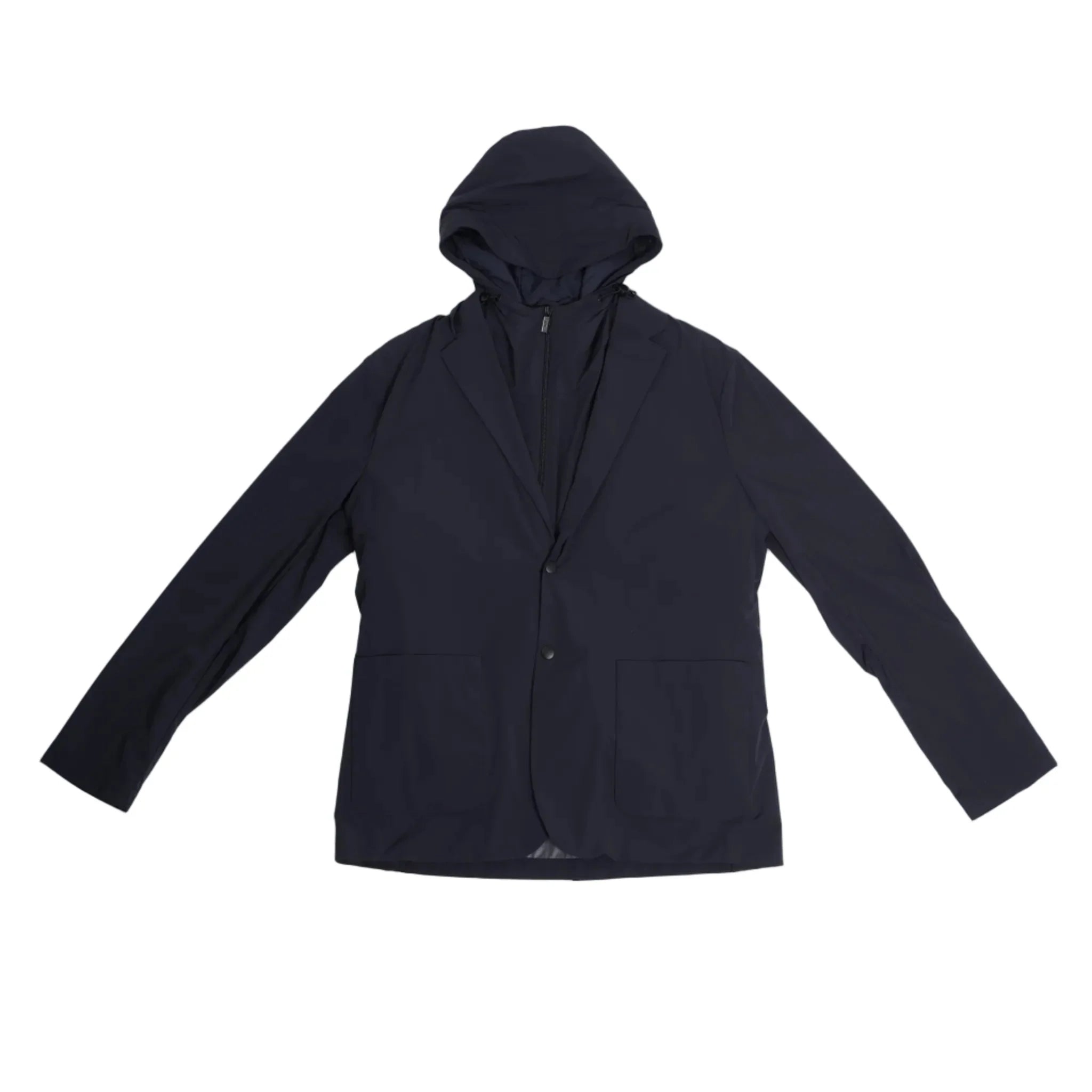 Corneliani CC Collection navy blue jacket in Size 50 IT, featuring a tailored blazer silhouette with a built-in zip-up hooded vest, laid flat on a light background to show full front view.