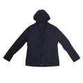 Corneliani CC Collection navy blue jacket in Size 50 IT, featuring a tailored blazer silhouette with a built-in zip-up hooded vest, laid flat on a light background to show full front view.