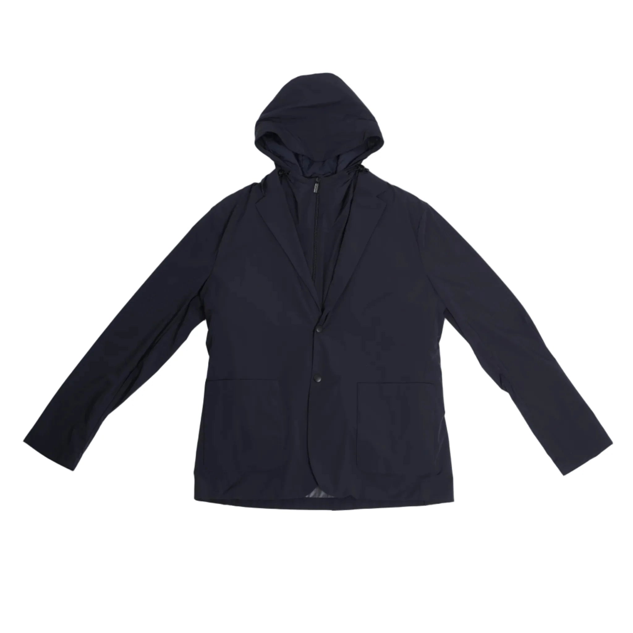 Corneliani CC Collection navy blue jacket in Size 50 IT, featuring a tailored blazer silhouette with a built-in zip-up hooded vest, laid flat on a light background to show full front view.