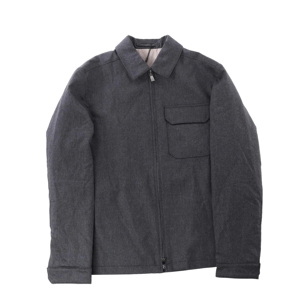Corneliani gray wool coat with long sleeves, classic collar, full zip-front closure and flap chest pocket, laid flat on a white background.