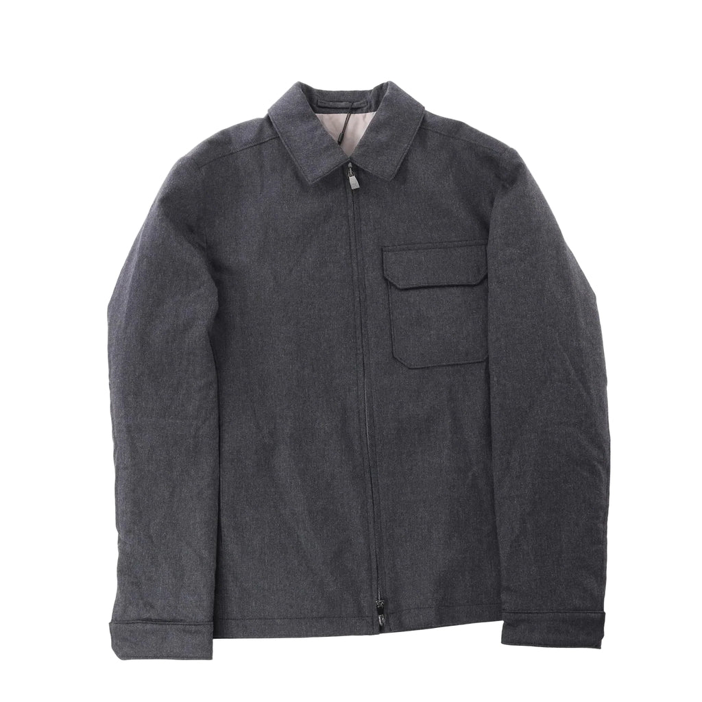 Corneliani gray wool coat with long sleeves, classic collar, full zip-front closure and flap chest pocket, laid flat on a white background.
