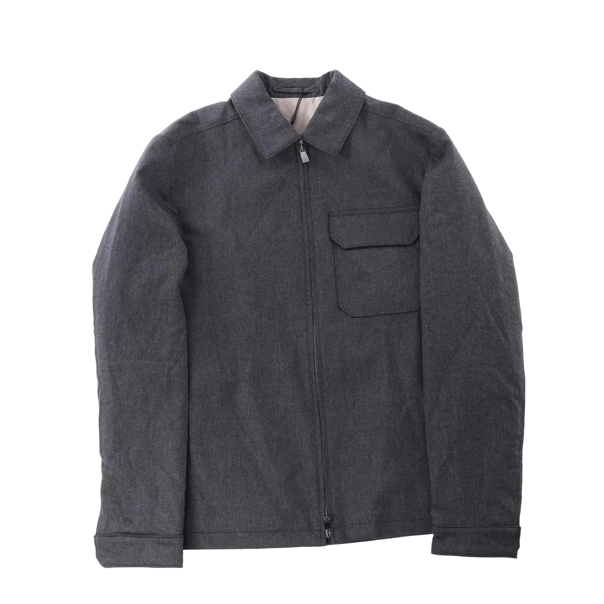 Corneliani gray wool coat with long sleeves, classic collar, full zip-front closure and flap chest pocket, laid flat on a white background.