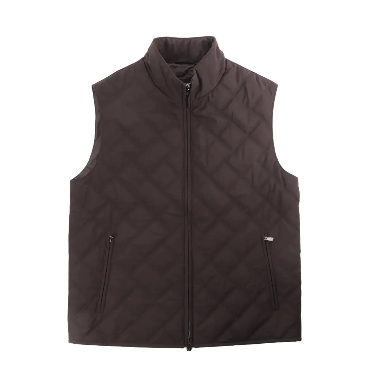 Brown Corneliani quilted zip gilet vest with stand collar, full-zip front, and two zip side pockets, size 50 IT.