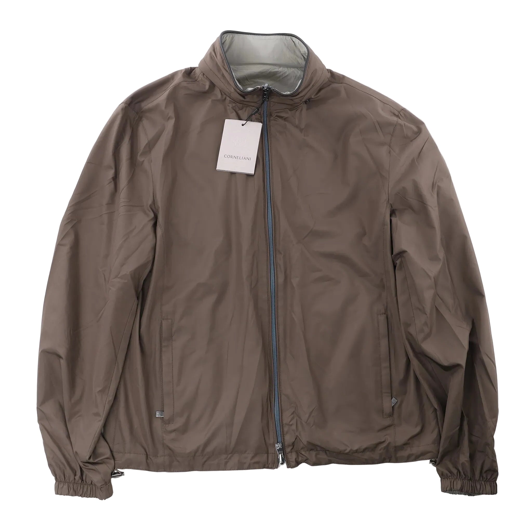 Corneliani brown reversible jacket with a stand collar, full front zip, side pockets, elasticated cuffs and adjustable hem.