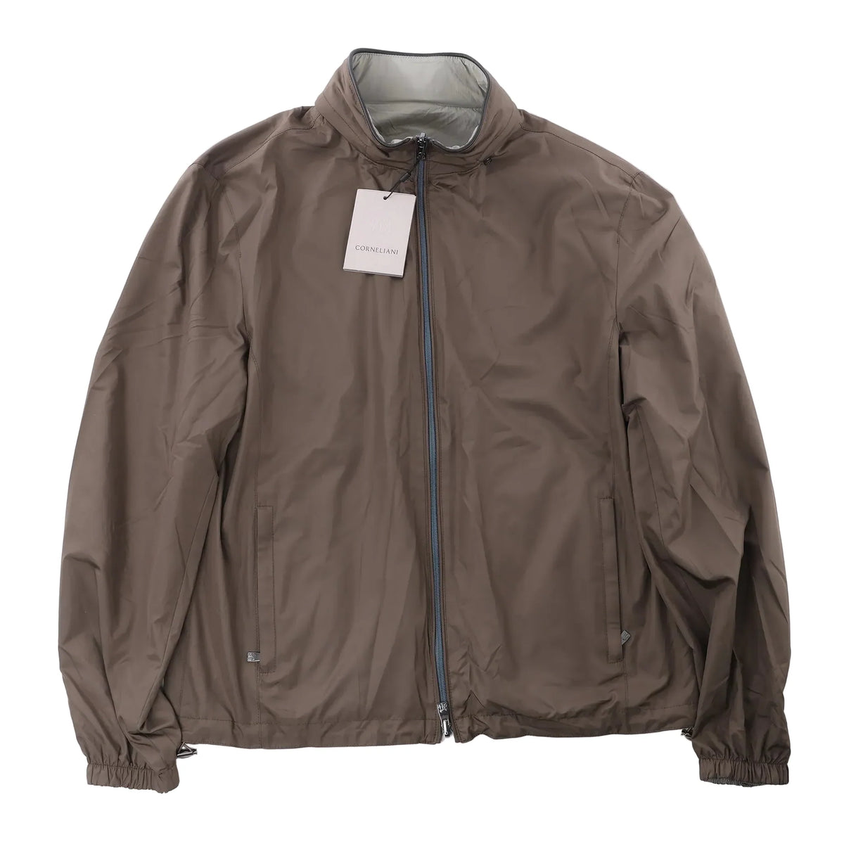 Corneliani brown reversible jacket with a stand collar, full front zip, side pockets, elasticated cuffs and adjustable hem.