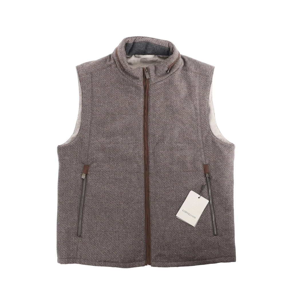 Corneliani gray zip-front vest with zip pockets and stand collar, laid flat on white background with brand tag attached.