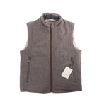 Corneliani gray zip-front vest with zip pockets and stand collar, laid flat on white background with brand tag attached.