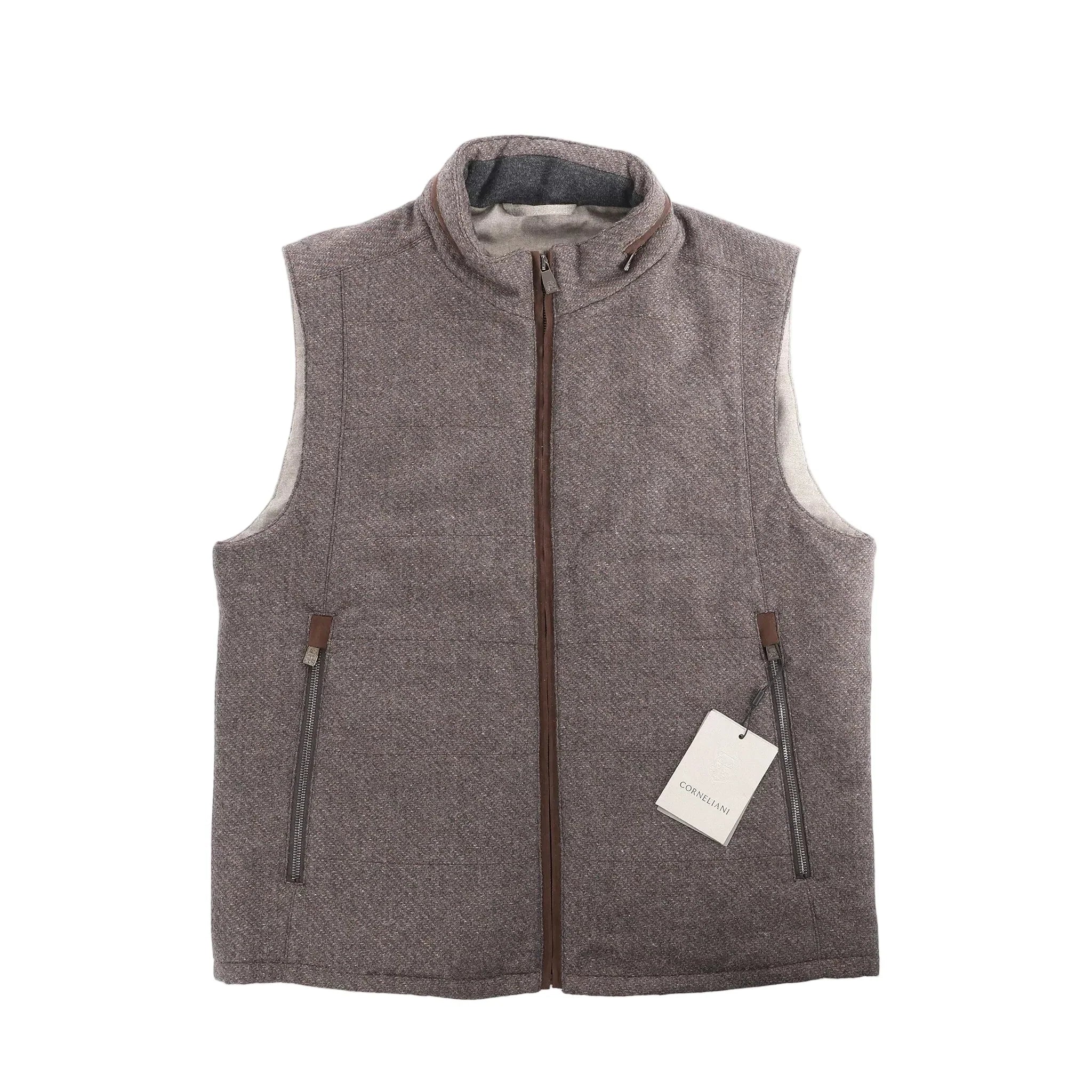 Corneliani gray zip-front vest with zip pockets and stand collar, laid flat on white background with brand tag attached.