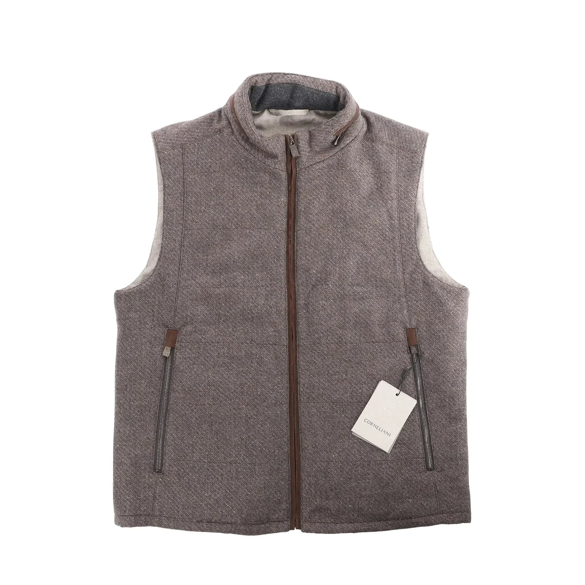 Corneliani gray zip-front vest with zip pockets and stand collar, laid flat on white background with brand tag attached.