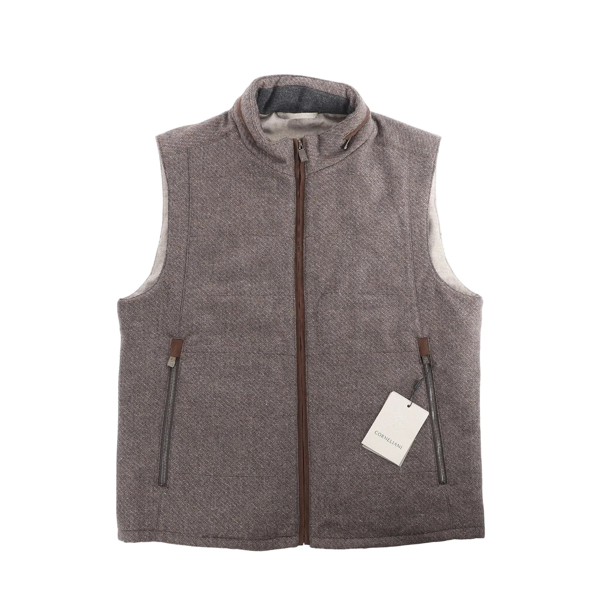 Corneliani gray zip-front vest with zip pockets and stand collar, laid flat on white background with brand tag attached.