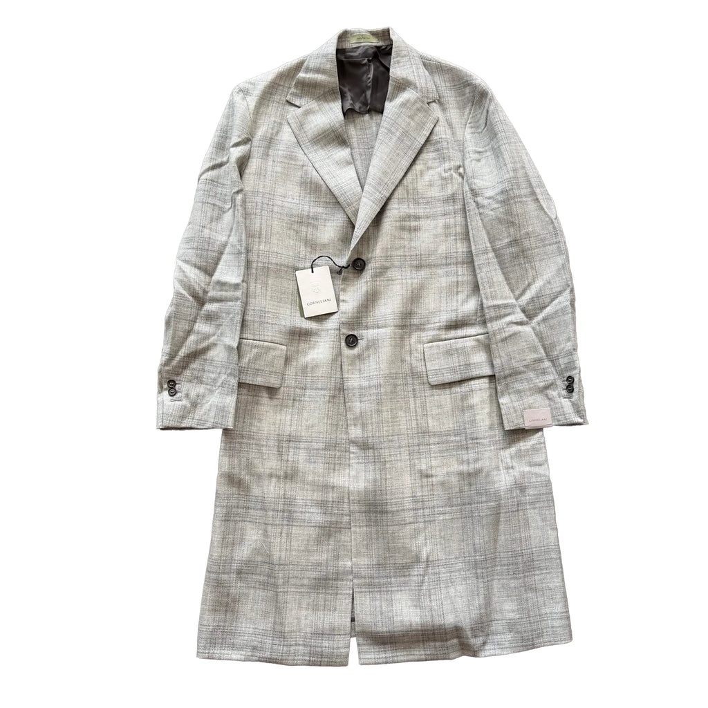 Corneliani Single-Breasted Check Wool Coat in Gray, Size 52 IT