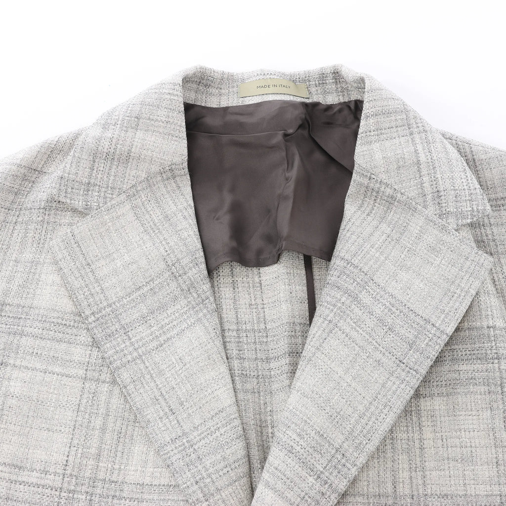 Corneliani Single-Breasted Check Wool Coat in Gray, Size 52 IT