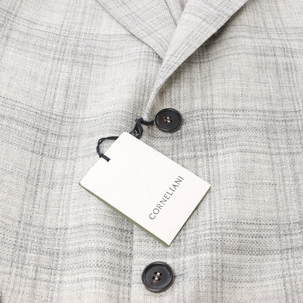 Corneliani Single-Breasted Check Wool Coat in Gray, Size 52 IT