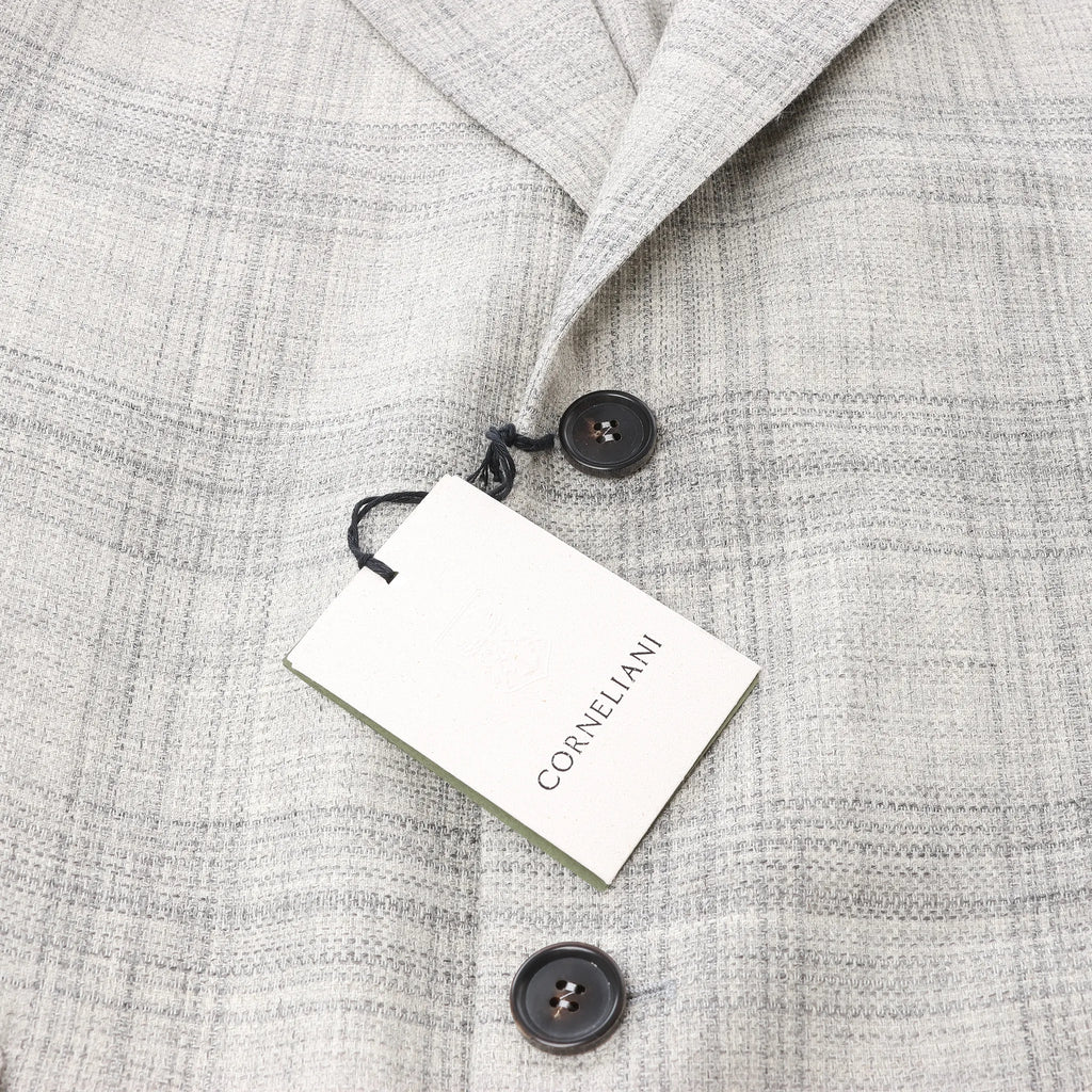 Corneliani Single-Breasted Check Wool Coat in Gray, Size 52 IT