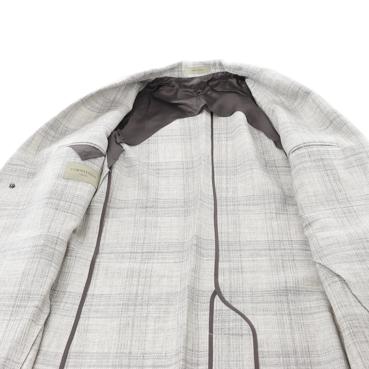 Corneliani Single-Breasted Check Wool Coat in Gray, Size 52 IT