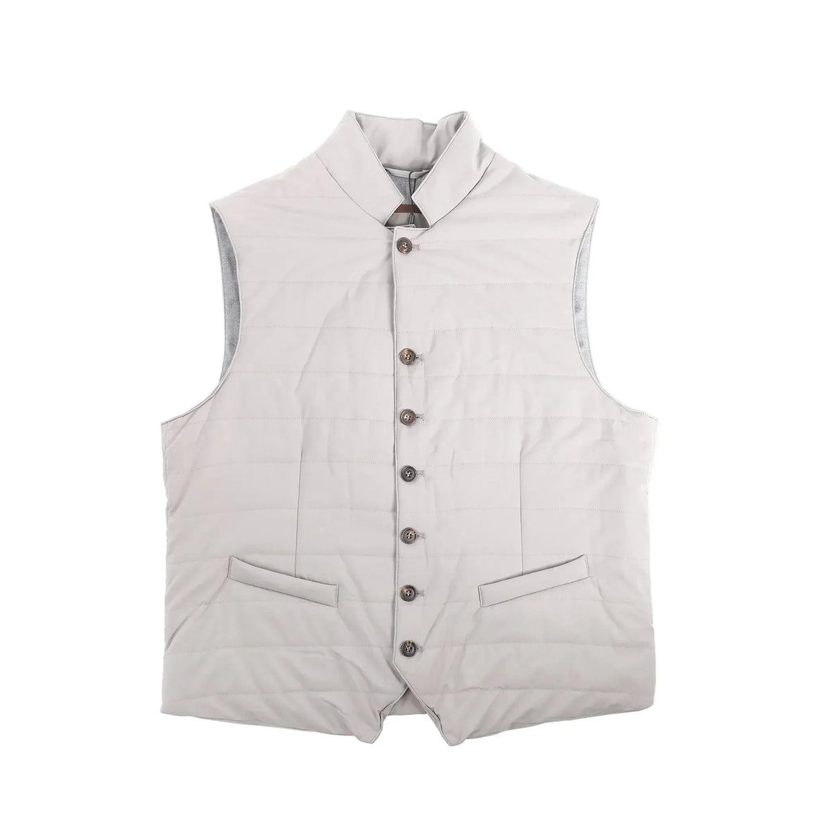 Light gray Corneliani gilet vest with stand collar, button-front closure, horizontal quilting, and two welt pockets, size 50 IT.