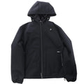 Black CoSTUME NATIONAL Giubbino hooded jacket with zip front, adjustable hood, side zip pocket, elastic cuffs, and small chest logo on white background.