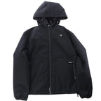 Black CoSTUME NATIONAL Giubbino hooded jacket with zip front, adjustable hood, side zip pocket, elastic cuffs, and small chest logo on white background.