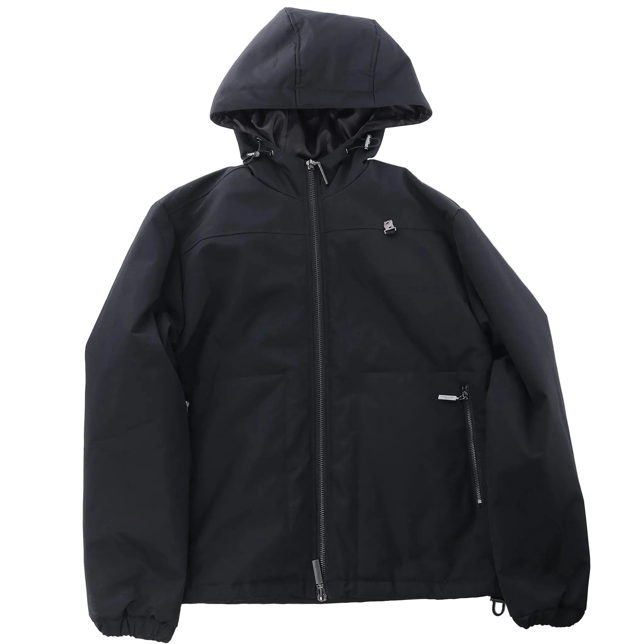 Black CoSTUME NATIONAL Giubbino hooded jacket with zip front, adjustable hood, side zip pocket, elastic cuffs, and small chest logo on white background.