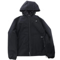 Black CoSTUME NATIONAL Giubbino hooded jacket with zip front, adjustable hood, side zip pocket, elastic cuffs, and small chest logo on white background.