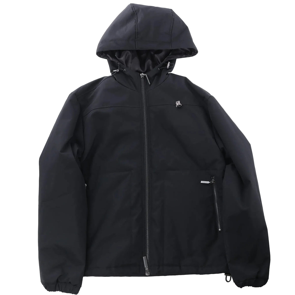 Black CoSTUME NATIONAL Giubbino hooded jacket with zip front, adjustable hood, side zip pocket, elastic cuffs, and small chest logo on white background.