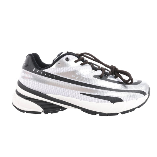 Diesel D-Airspeed low-top sneakers in silver coated ripstop with black graphic stripes, black laces, and sculpted white-and-black sole. Size 43 EU.