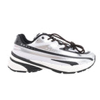 Diesel D-Airspeed low-top sneakers in silver coated ripstop with black graphic stripes, black laces, and sculpted white-and-black sole. Size 43 EU.