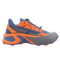Diesel D-Cage sneakers in navy blue with bright orange and grey accents, featuring a ripstop upper, chunky sole, and toggle lace system. Size 43 EU.