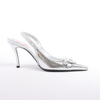 Diesel D-Venus Patent Embossed Slingback Heels in Silver, Size 37 EU