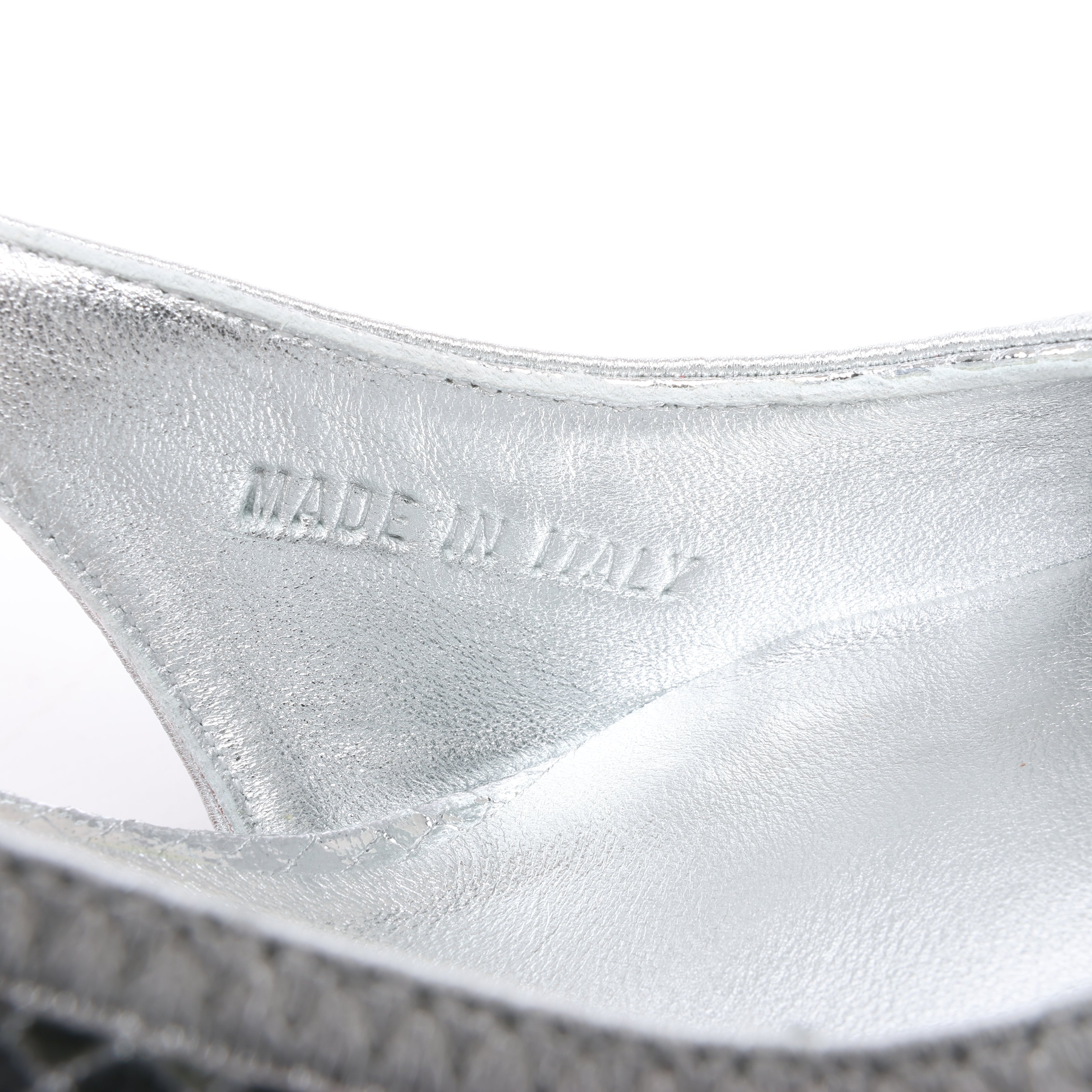 Diesel D-Venus Patent Embossed Slingback Heels in Silver, Size 37 EU