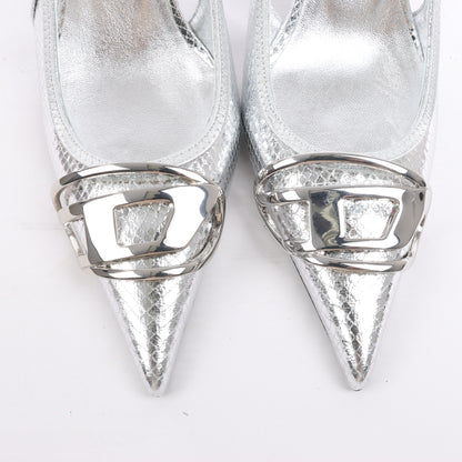 Diesel D-Venus Lackleder-Slingback-Pumps mit Prägung in Silber, Größe 37 EU