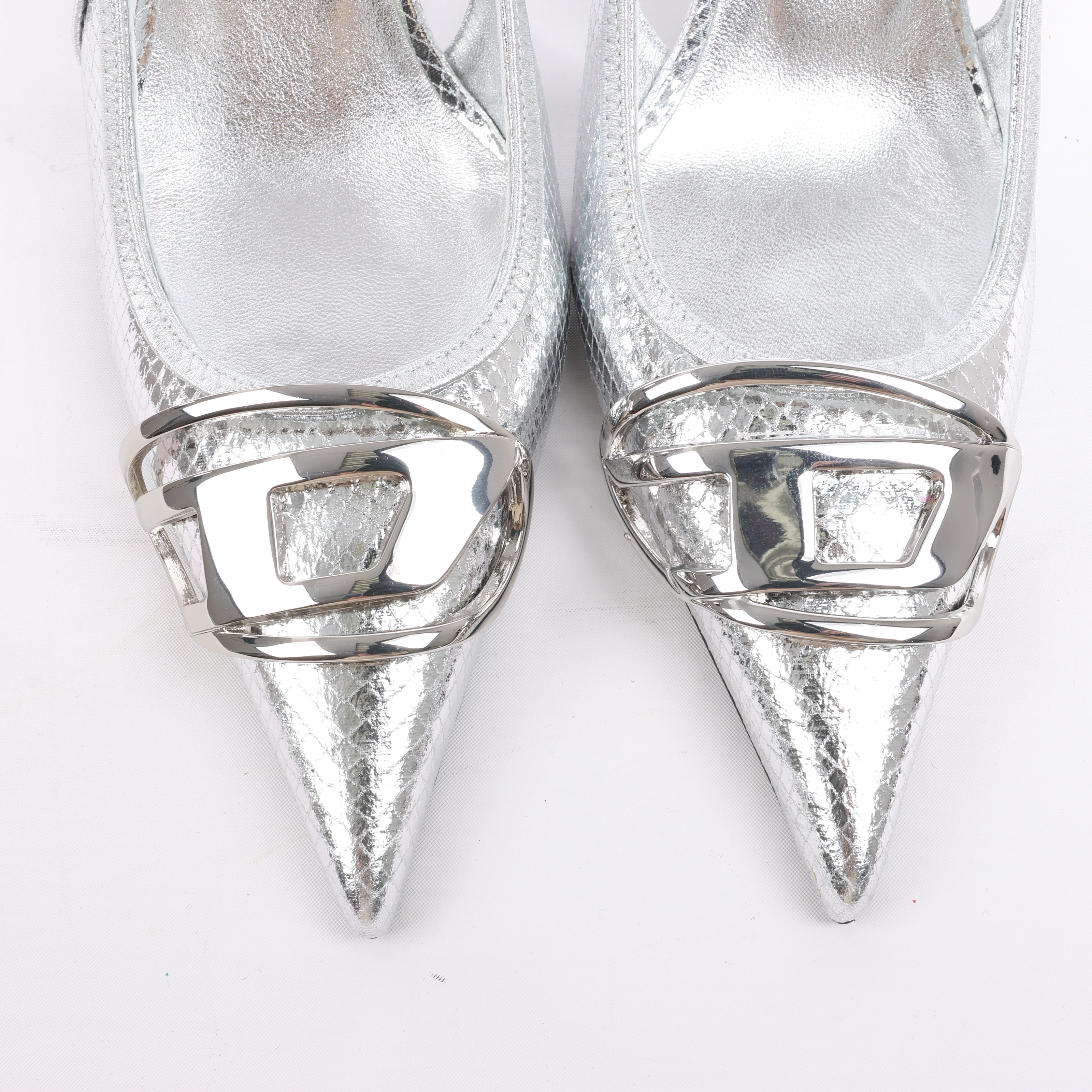 Diesel D-Venus Patent Embossed Slingback Heels in Silver, Size 37 EU