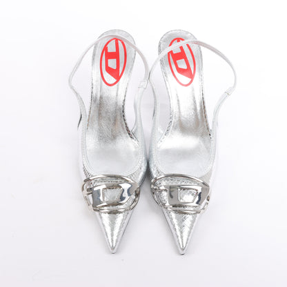 Diesel D-Venus Lackleder-Slingback-Pumps mit Prägung in Silber, Größe 37 EU