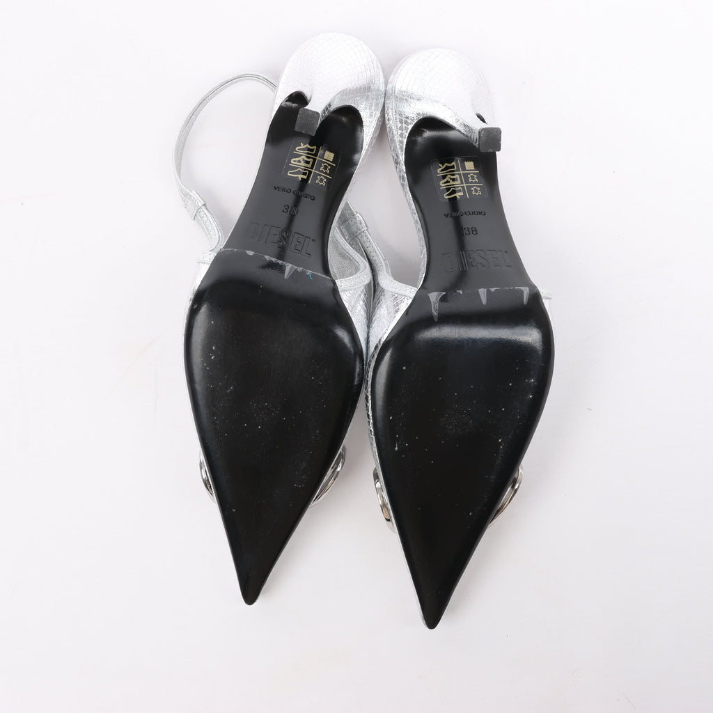 Diesel D-Venus Patent Embossed Slingback Heels in Silver, Size 37 EU