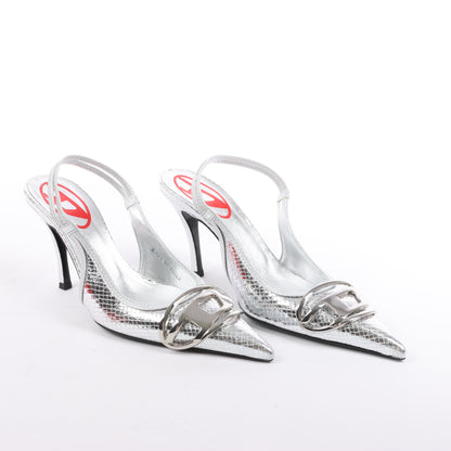 Diesel D-Venus Lackleder-Slingback-Pumps mit Prägung in Silber, Größe 37 EU