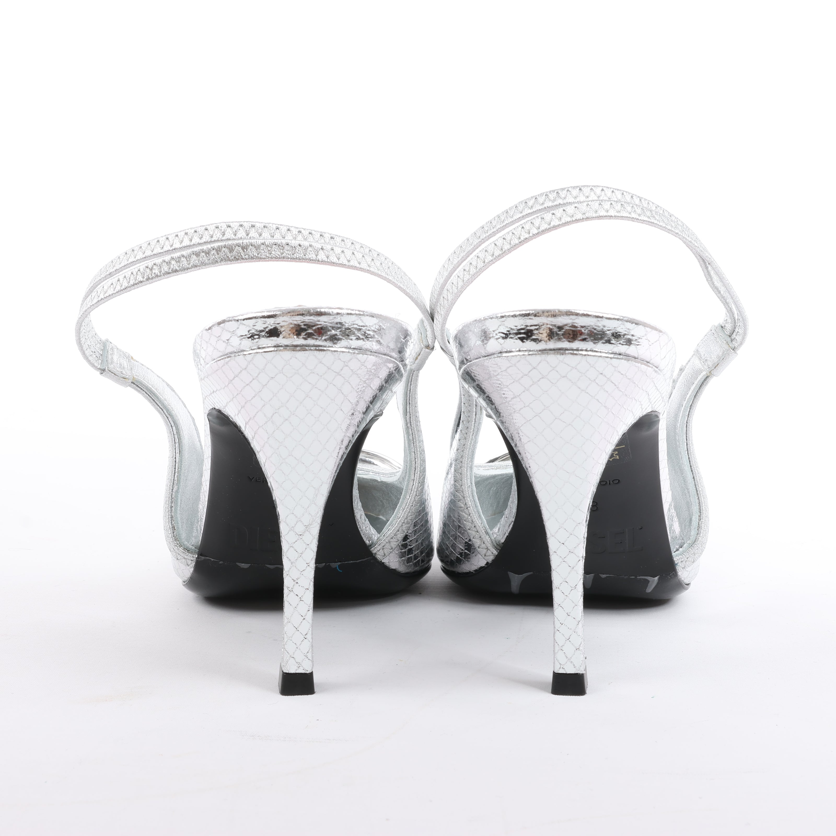 Diesel D-Venus Patent Embossed Slingback Heels in Silver, Size 37 EU