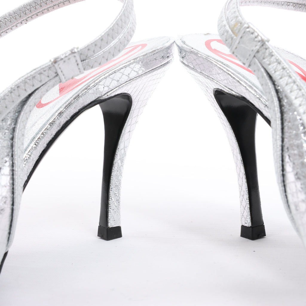 Diesel D-Venus Patent Embossed Slingback Heels in Silver, Size 37 EU