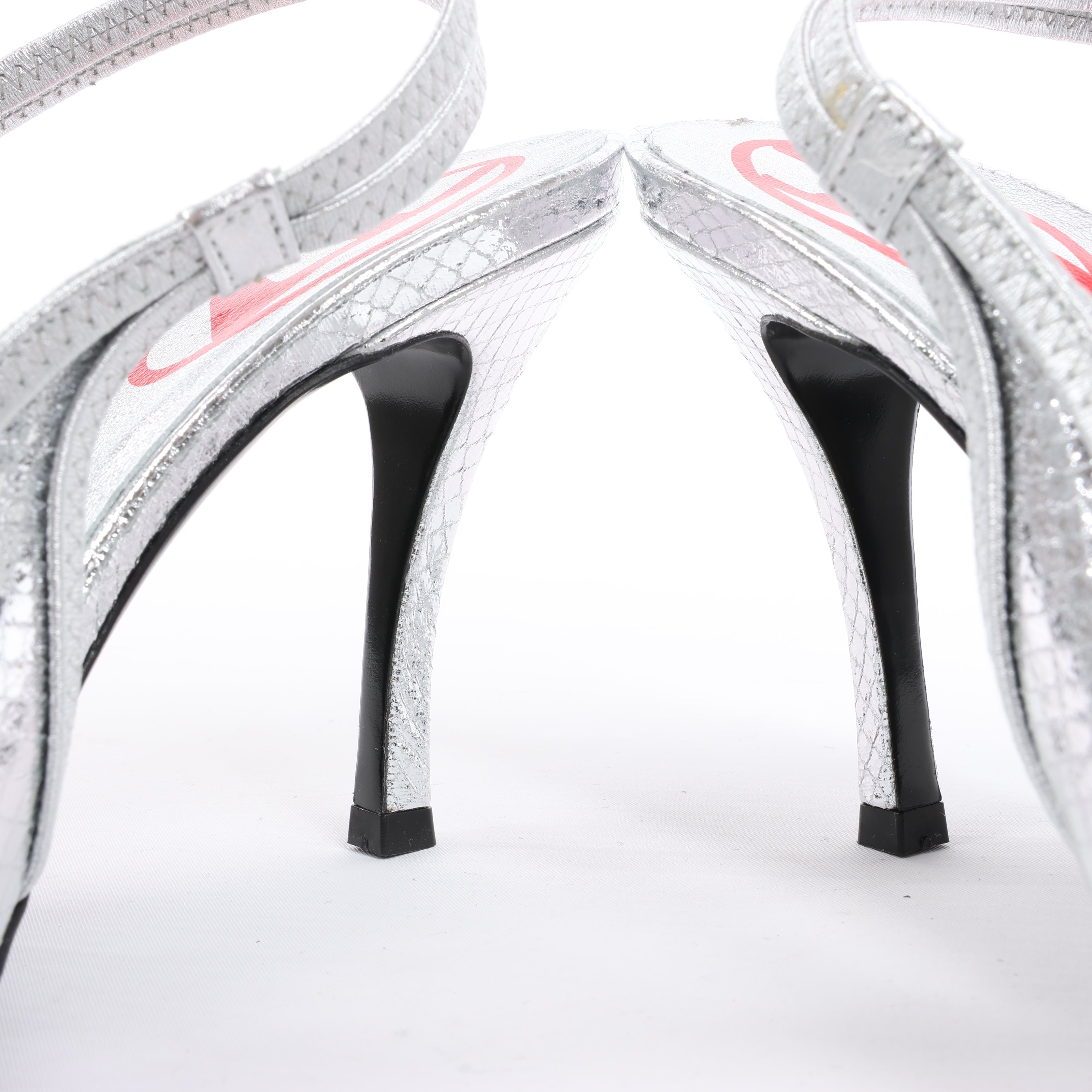 Diesel D-Venus Patent Embossed Slingback Heels in Silver, Size 37 EU