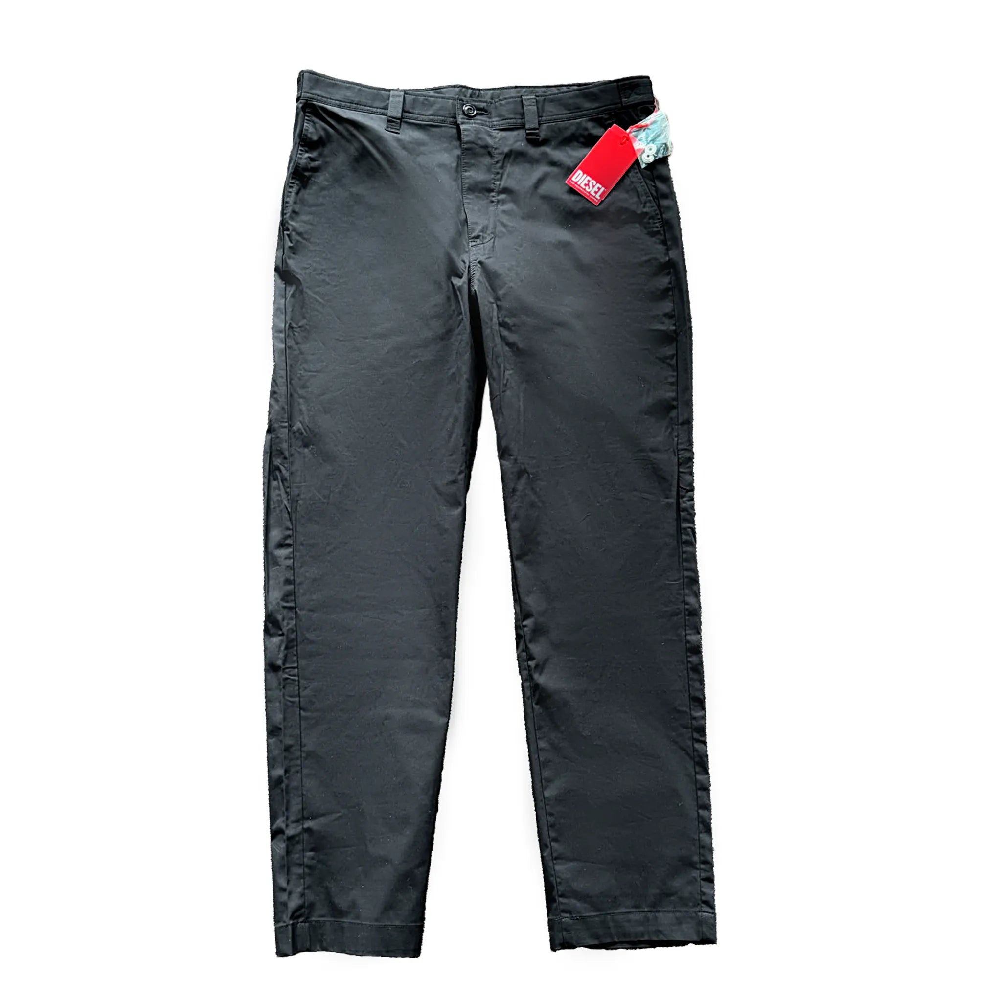 DIESEL P-JER black straight-leg pants with belt loops, side pockets and button closure, displayed flat against a white background with attached red brand tag.