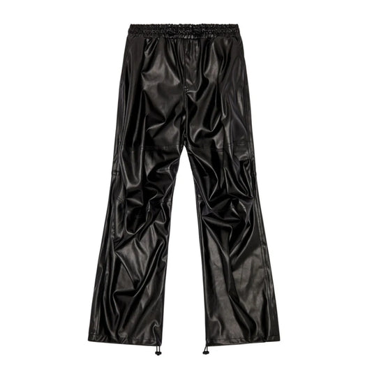 DIESEL oversized cargo trousers in black coated fabric with a glossy leather-look finish, elastic waistband, seam detailing, and adjustable drawstring hems, laid flat against a white background, Size 48 IT.