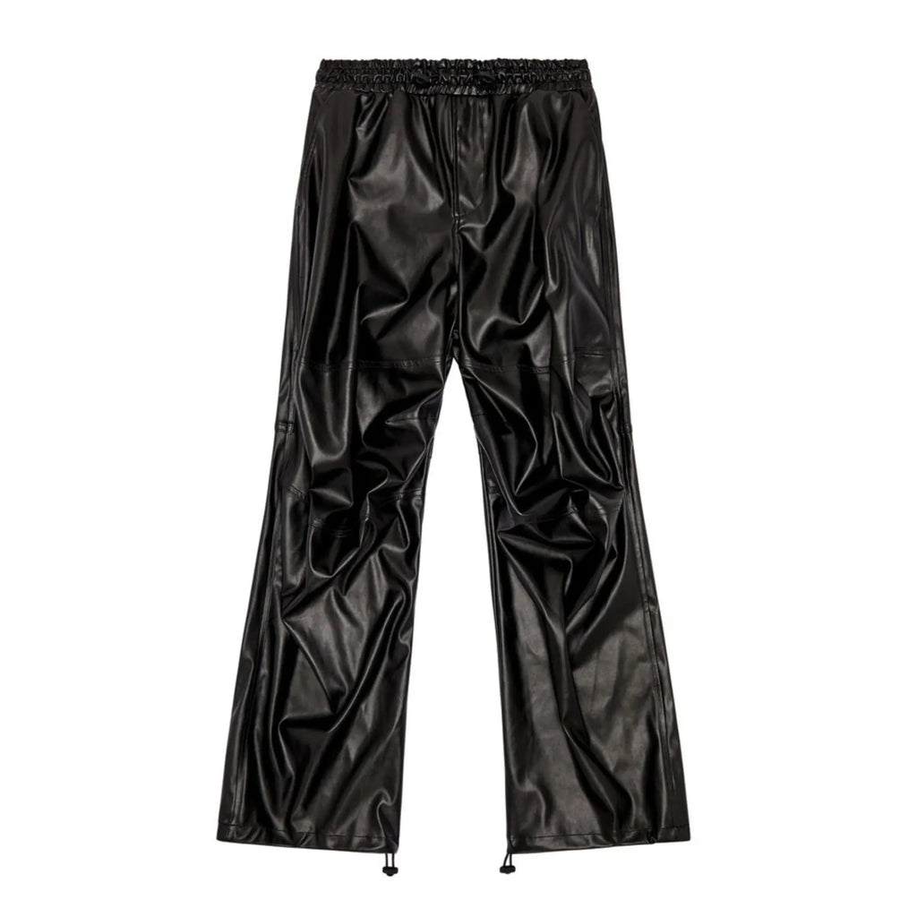 DIESEL oversized cargo trousers in black coated fabric with a glossy leather-look finish, elastic waistband, seam detailing, and adjustable drawstring hems, laid flat against a white background, Size 48 IT.