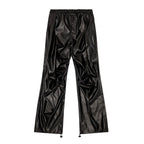 DIESEL oversized cargo trousers in black coated fabric with a glossy leather-look finish, elastic waistband, seam detailing, and adjustable drawstring hems, laid flat against a white background, Size 48 IT.