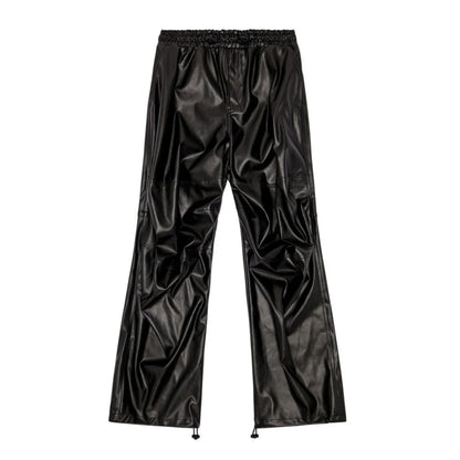 DIESEL oversized cargo trousers in black coated fabric with a glossy leather-look finish, elastic waistband, seam detailing, and adjustable drawstring hems, laid flat against a white background, Size 48 IT.