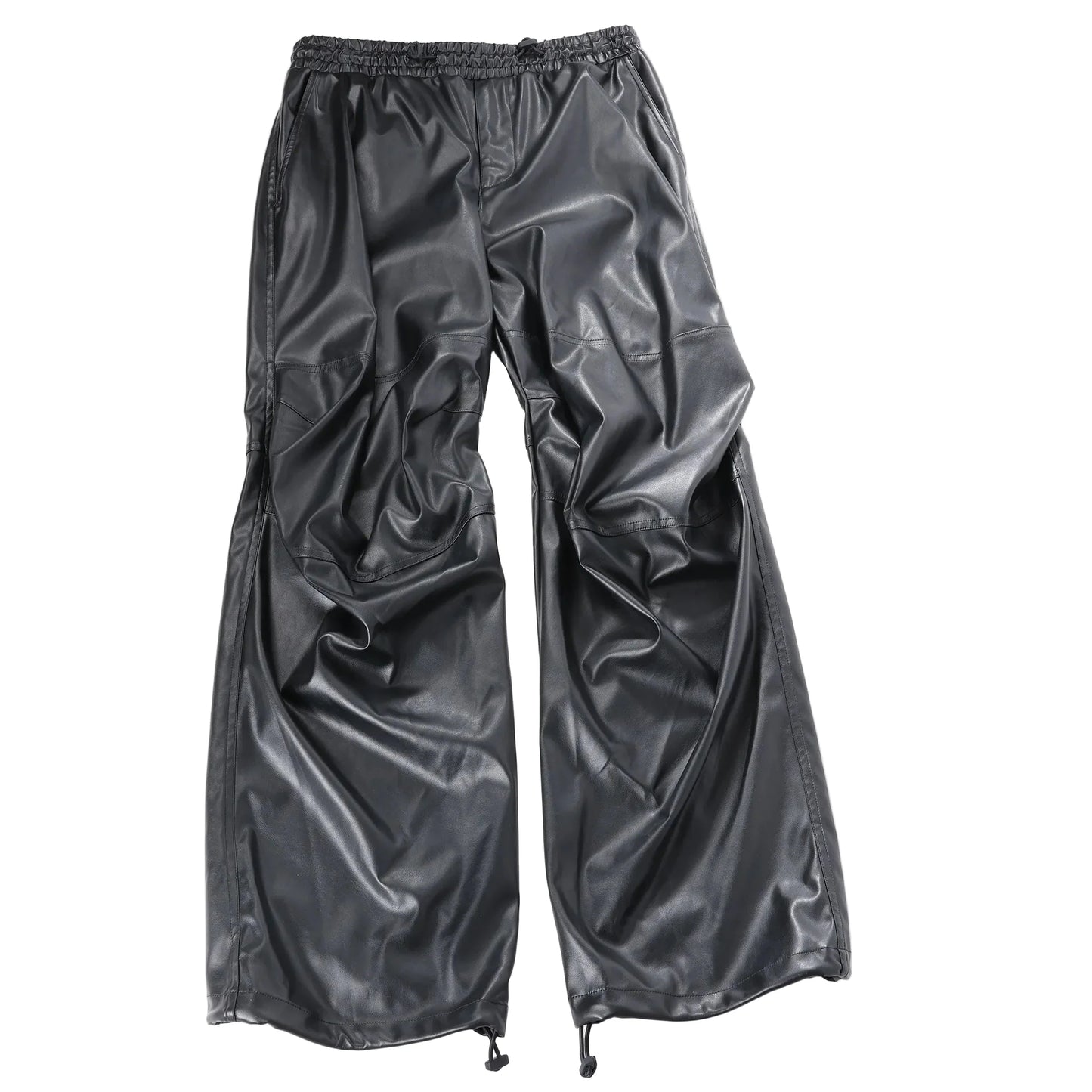 DIESEL oversized cargo trousers in black coated fabric with a glossy leather-look finish, elastic waistband, seam detailing, and adjustable drawstring hems, laid flat against a white background, Size 48 IT.