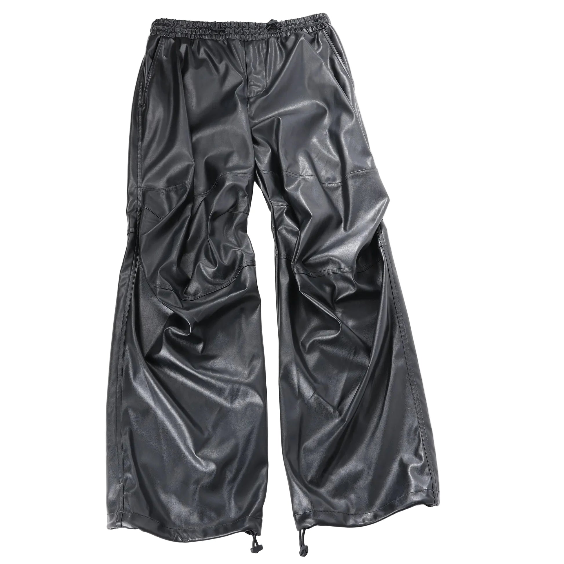 DIESEL oversized cargo trousers in black coated fabric with a glossy leather-look finish, elastic waistband, seam detailing, and adjustable drawstring hems, laid flat against a white background, Size 48 IT.