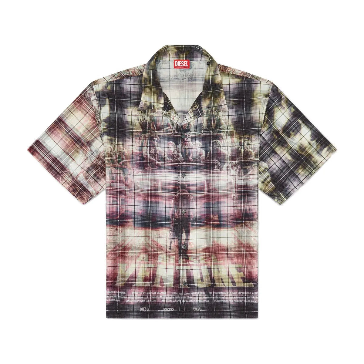 DIESEL short-sleeve button-up shirt in multicolor plaid with an overlaid poster-style graphic print, including text and imagery, displayed flat with a visible red Diesel logo tag at the collar, Size 48 IT.