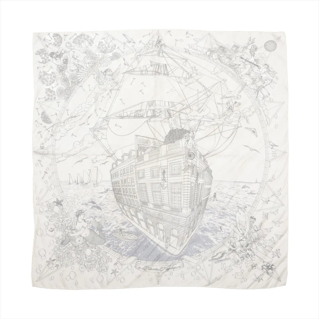 Hermès Carré 90 "HERMES FRAGSHIP" Silk handkerchief in White