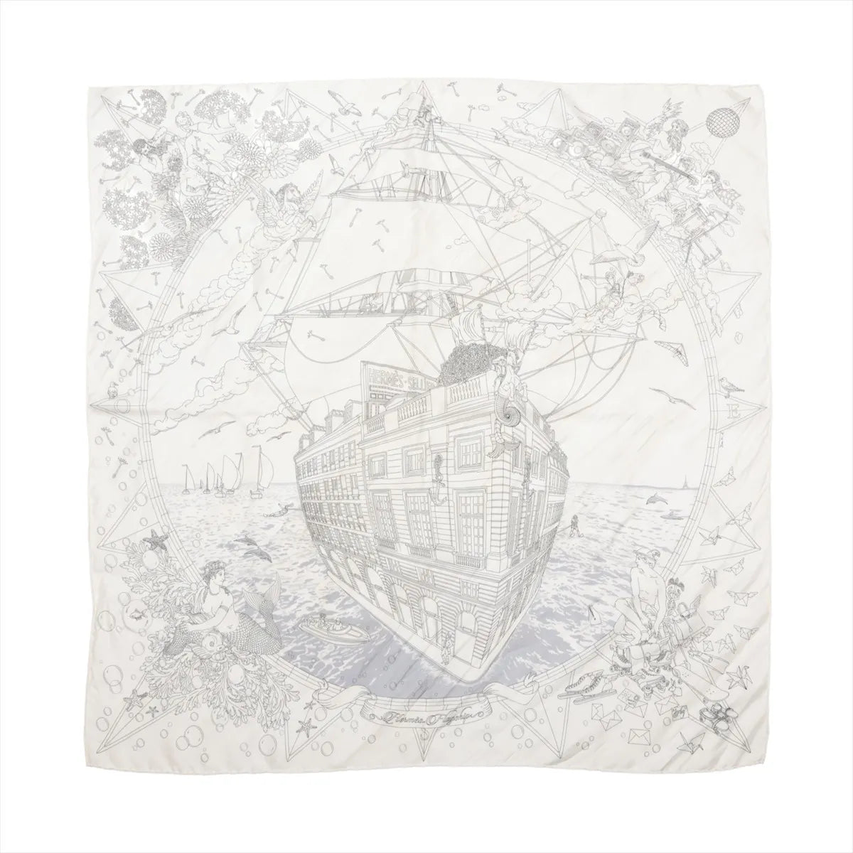 Hermès Carré 90 "HERMES FRAGSHIP" Silk handkerchief in White