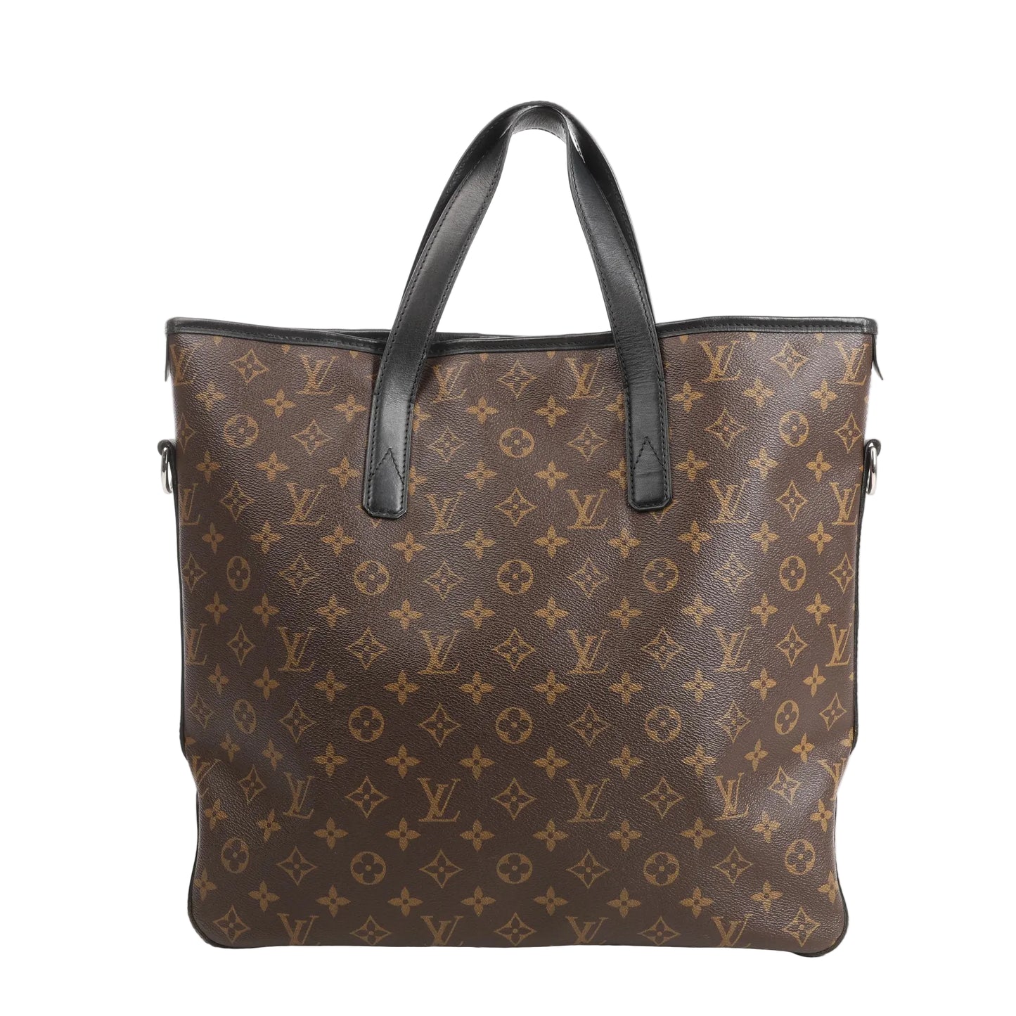Front view of a Louis Vuitton Davis handbag in brown Damier Ebene coated canvas with black leather top handles, structured silhouette, and side D-rings for optional strap.